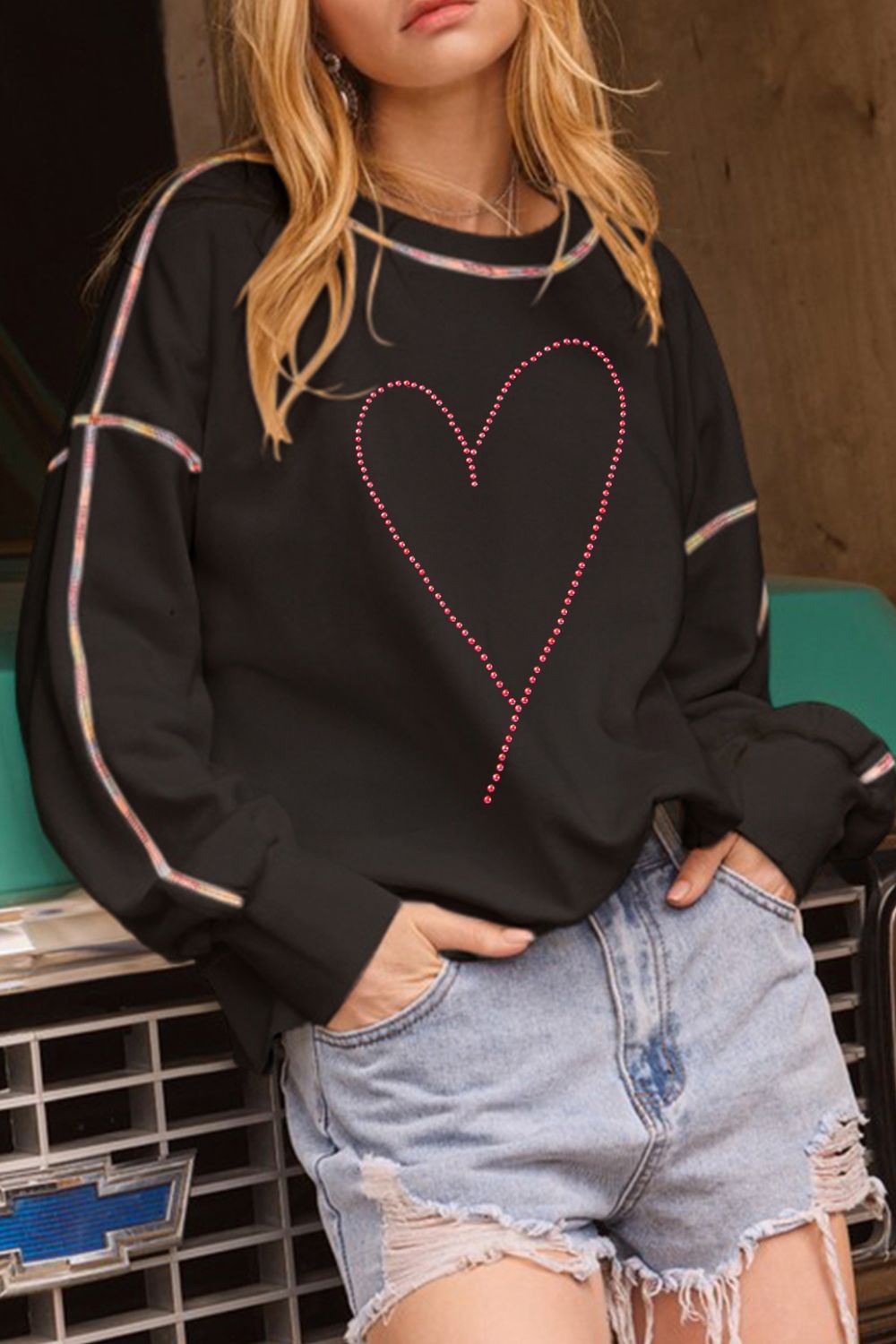 Heart Round Neck Long Sleeve Sweatshirt