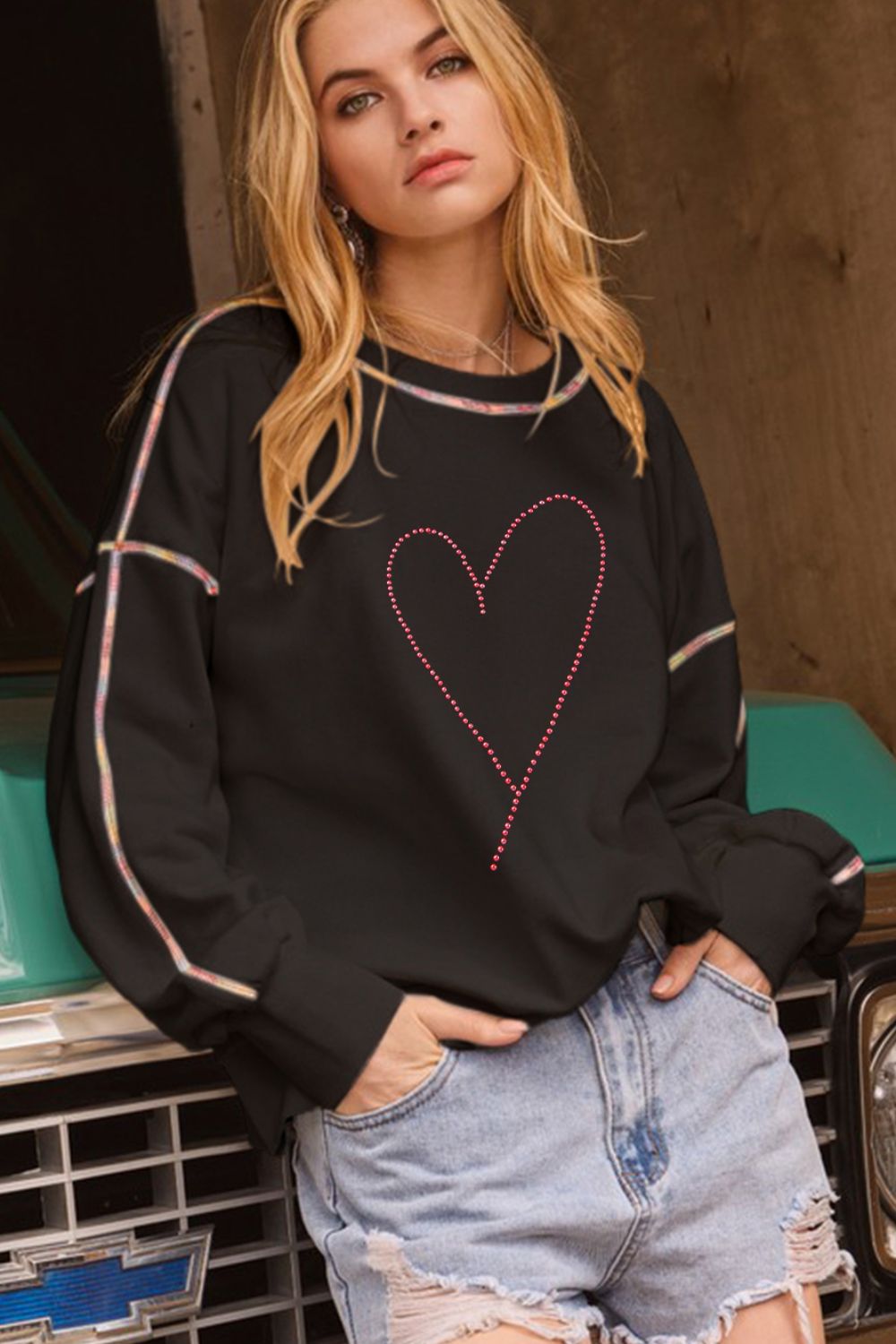 Heart Round Neck Long Sleeve Sweatshirt